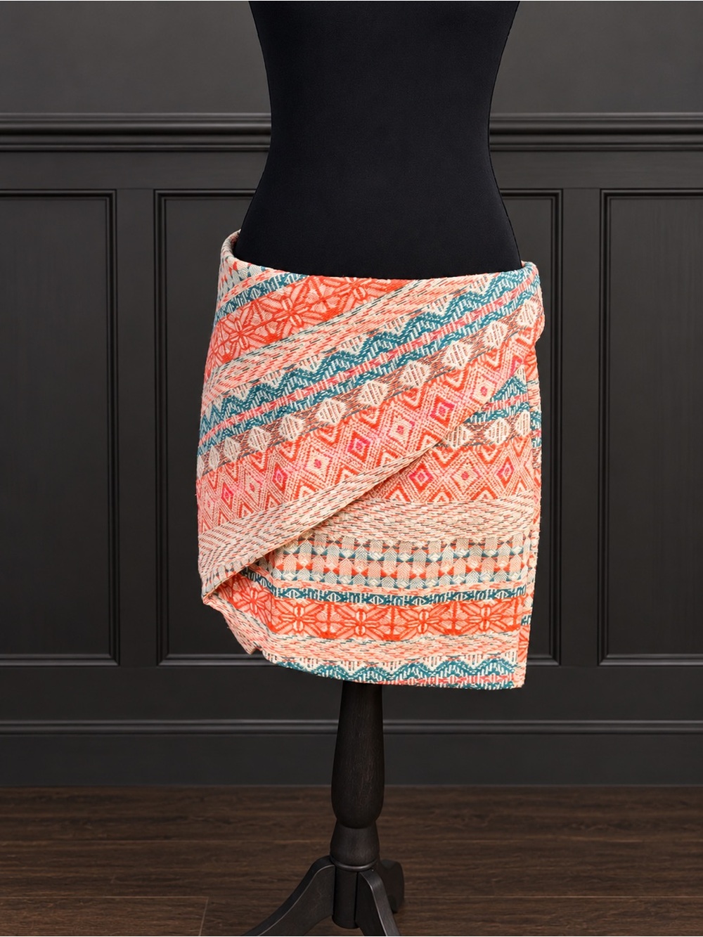 Zara Geometric Wrap Skirt – Coral & Teal – Size L